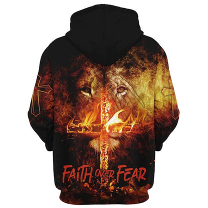 Faith Over Fear Lion Christian Cross Hoodies Men & Women, God 3D Printed Hoodie, Christian Apparel Hoodies