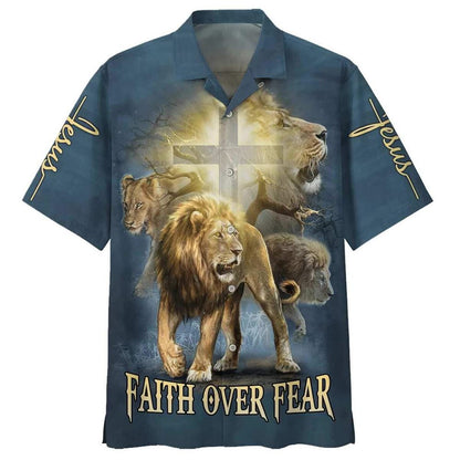 Faith Over Fear Lion Christian Jesus Faith Hawaiian Shirt For Men, Christian Hawaiian Shirt, Gift For Christian