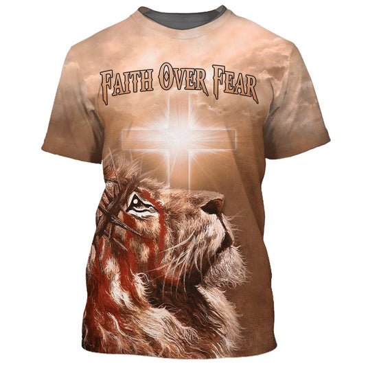 Faith Over Fear Lion Cross 1 All Over Print 3D T-Shirt, Gift For Christian, Jesus Shirt