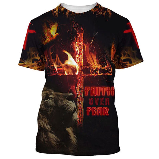 Faith Over Fear Lion Cross, Bible All Over Print 3D T-Shirt, Gift For Christian, Jesus Shirt