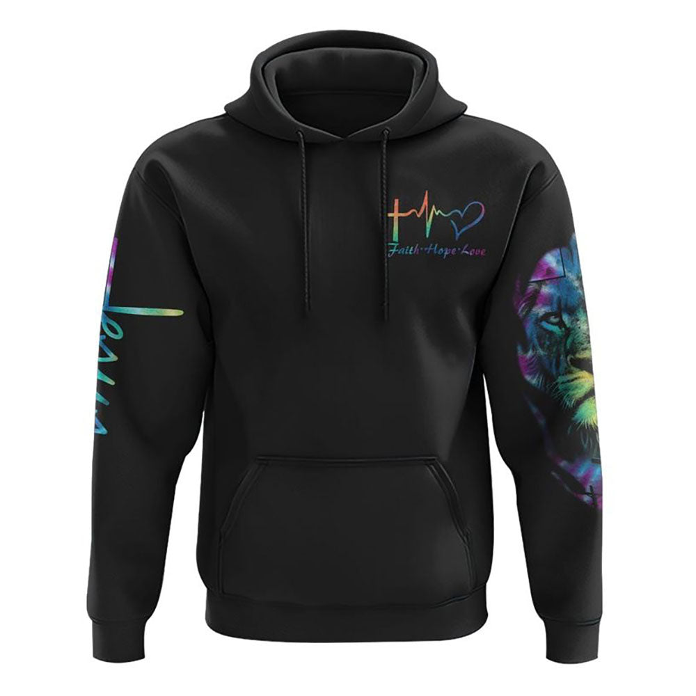 Faith Over Fear Lion Cross Colorful All Over Print 3D Hoodie, Christian Hoodie, Christian Sweatshirt, Bible Verse Shirt