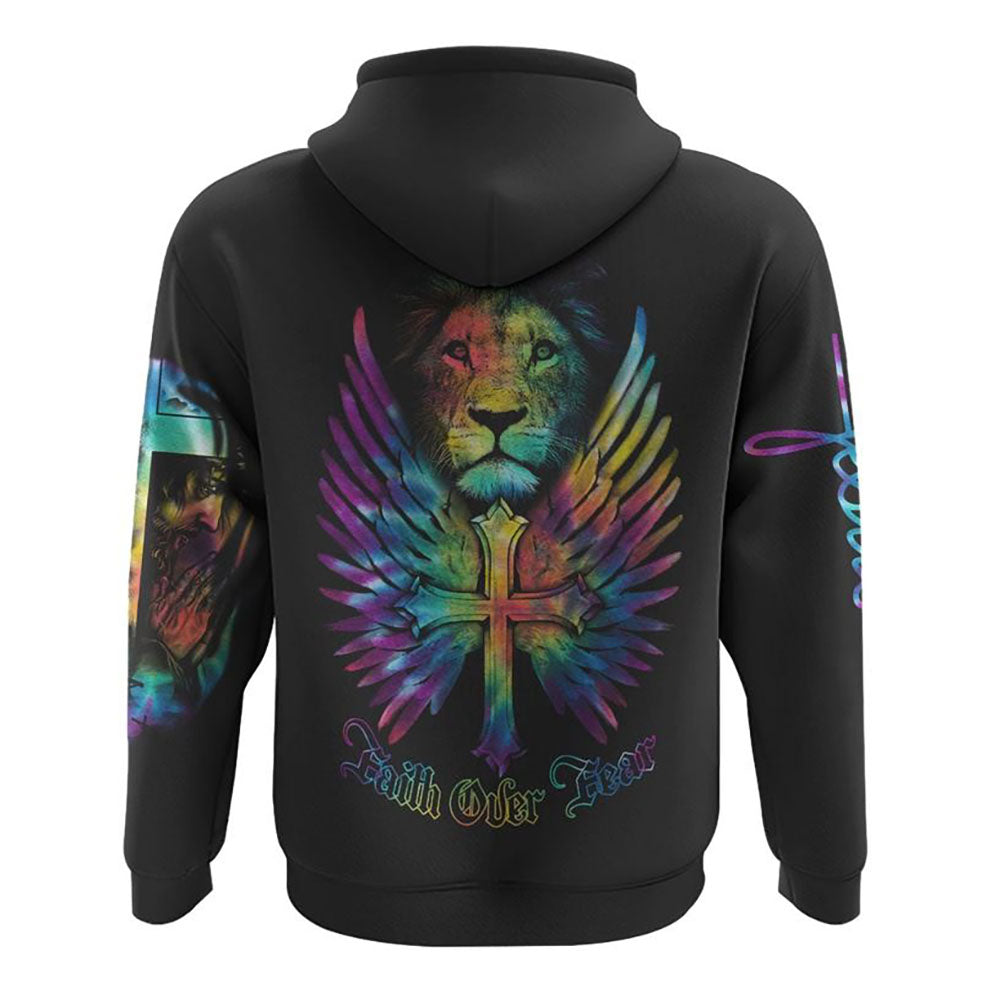 Faith Over Fear Lion Cross Colorful All Over Print 3D Hoodie, Christian Hoodie, Christian Sweatshirt, Bible Verse Shirt