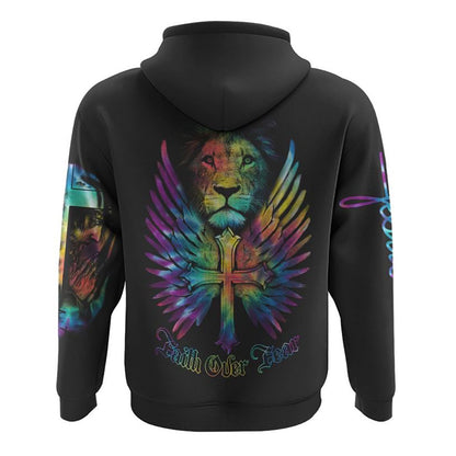 Faith Over Fear Lion Cross Colorful All Over Print 3D Hoodie, Christian Hoodie, Christian Sweatshirt, Bible Verse Shirt