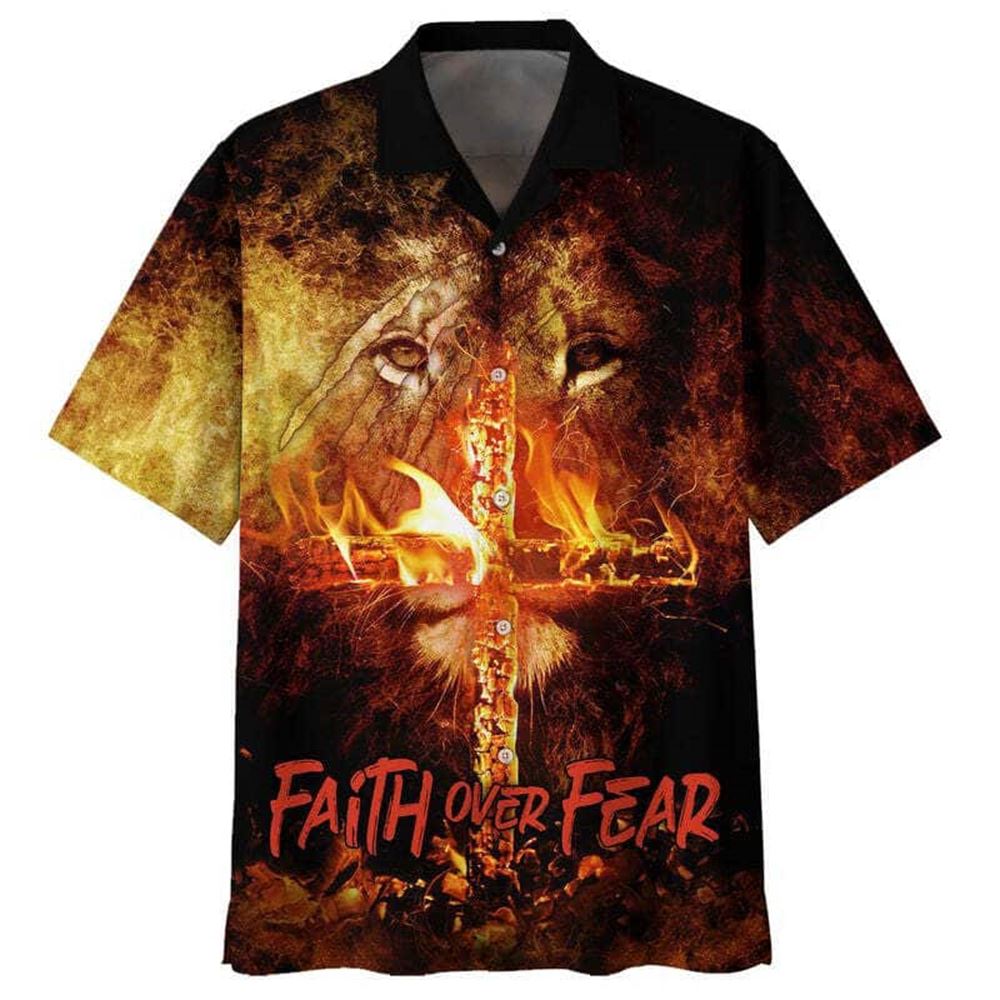 Faith Over Fear Lion Cross Hawaiian Shirt For Men, Christian Hawaiian Shirt, Gift For Christian