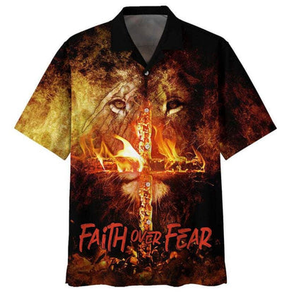 Faith Over Fear Lion Cross Hawaiian Shirt For Men, Christian Hawaiian Shirt, Gift For Christian