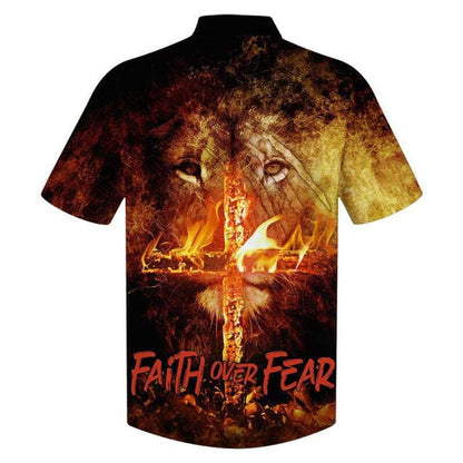 Faith Over Fear Lion Cross Hawaiian Shirt For Men, Christian Hawaiian Shirt, Gift For Christian