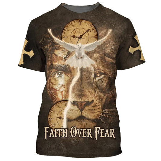 Faith Over Fear Lion Dove All Over Print 3D T-Shirt, Gift For Christian, Jesus Shirt
