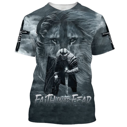 Faith Over Fear Lion Warrior All Over Print 3D T-Shirt, Gift For Christian, Jesus Shirt