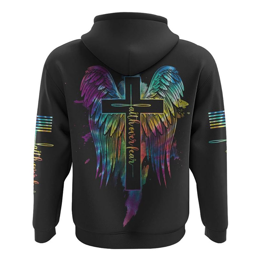 Faith Over Fear Wings Colorful Cross Light All Over Print 3D Hoodie, Christian Hoodie, Christian Sweatshirt, Bible Verse Shirt