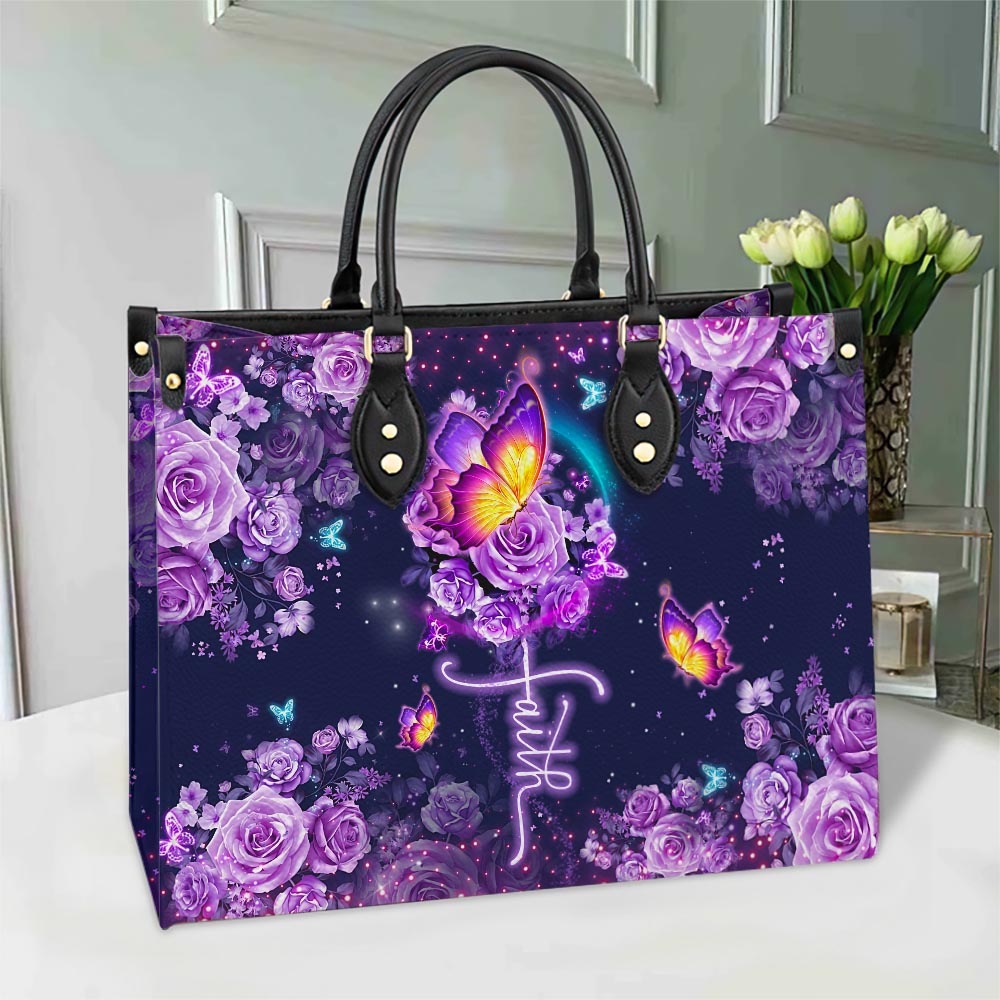 Faith Purple Butterfly Leather Bag, Women's Pu Leather Bag, Gift For Grandmothers