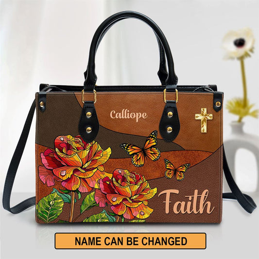 Faith Rose & Butterfly Leather Bag, Personalized Leather Bag With Handle For Christian Women