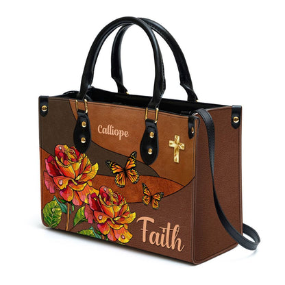 Faith Rose & Butterfly Leather Bag, Personalized Leather Bag With Handle For Christian Women