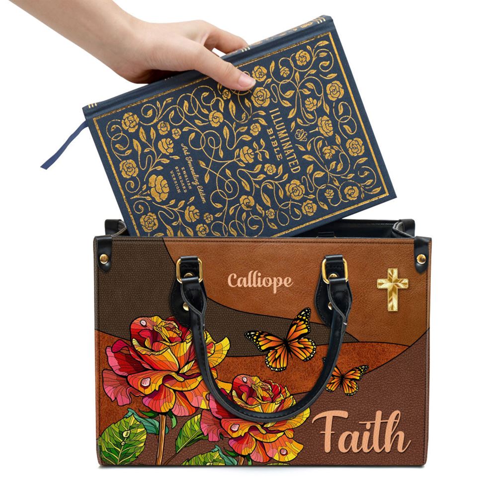 Faith Rose & Butterfly Leather Bag, Personalized Leather Bag With Handle For Christian Women