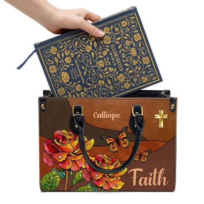 Faith Rose & Butterfly Leather Bag, Personalized Leather Bag With Handle For Christian Women