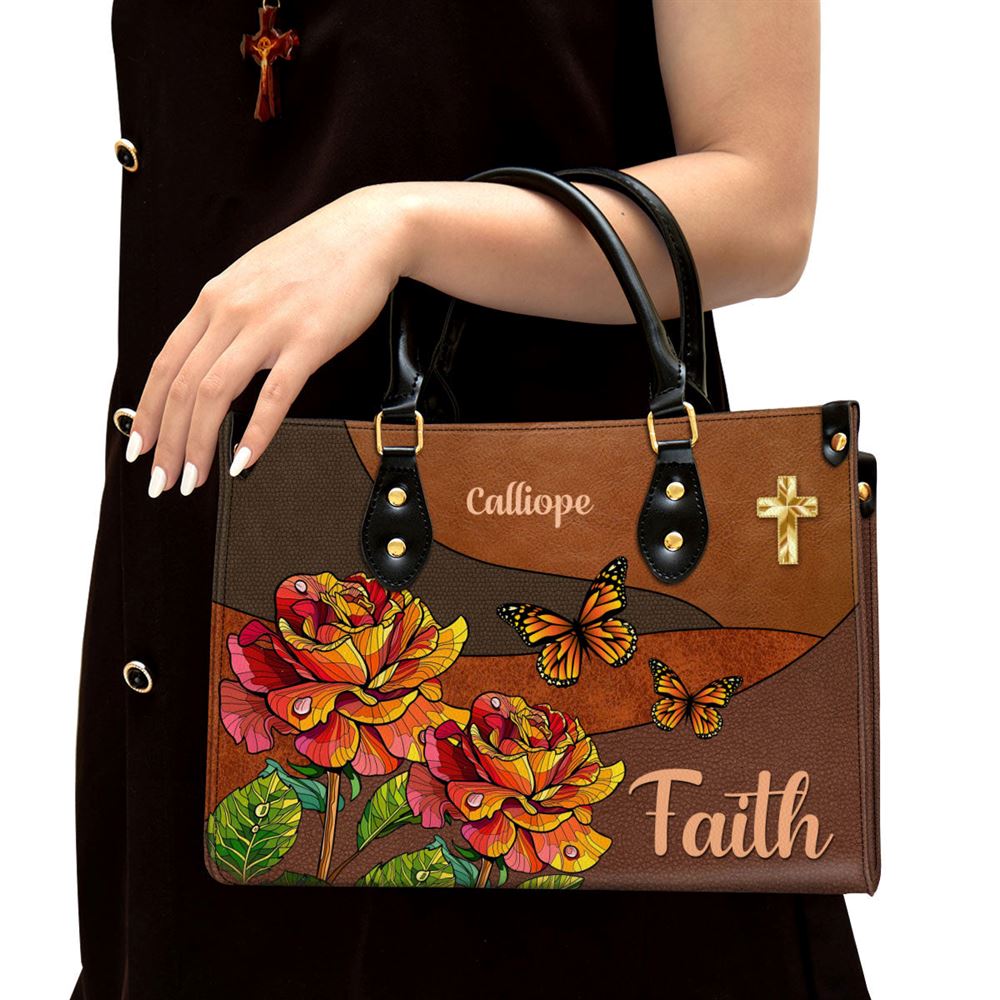 Faith Rose & Butterfly Leather Bag, Personalized Leather Bag With Handle For Christian Women