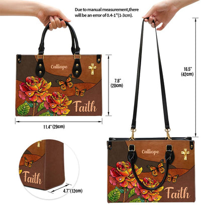 Faith Rose & Butterfly Leather Bag, Personalized Leather Bag With Handle For Christian Women