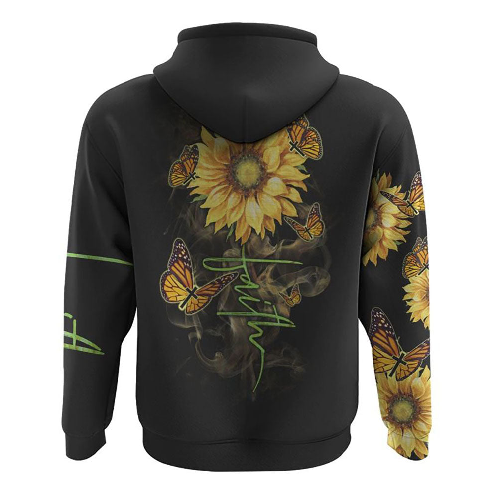 Faith Sunflower Butterfly Smoke All Over Print 3D Hoodie, Christian Hoodie, Christian Sweatshirt, Bible Verse Shirt