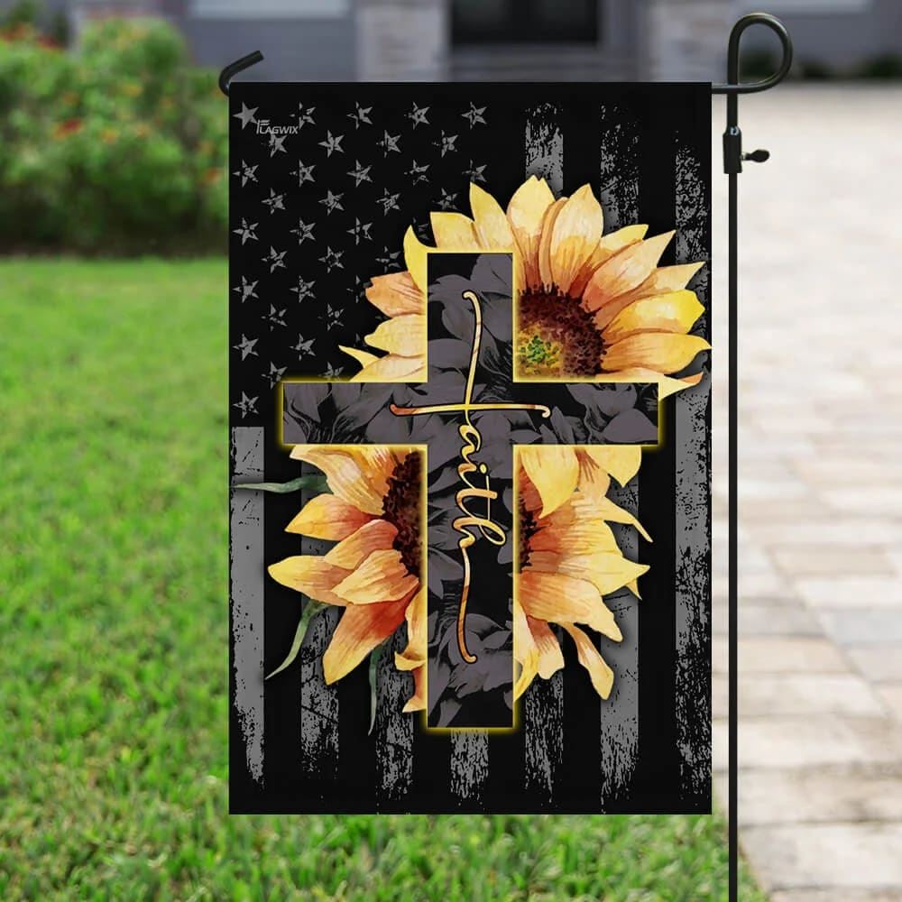 Faith Sunflower Christian Cross House Flags, Christian Flag, Scripture Flag, Garden Banner