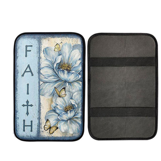Faith White Flower Pretty Butterfly Car Center Console Cover, Christian Car Accessories