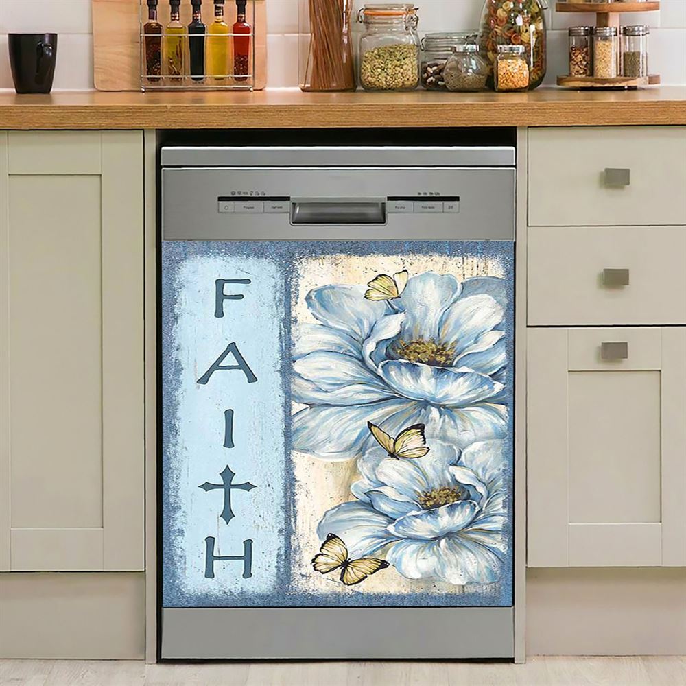 Faith White Flower Pretty Butterfly Dishwasher Cover, Bible Verse Dishwasher Magnet Cover, Christian Inspirational Kitchen Decor