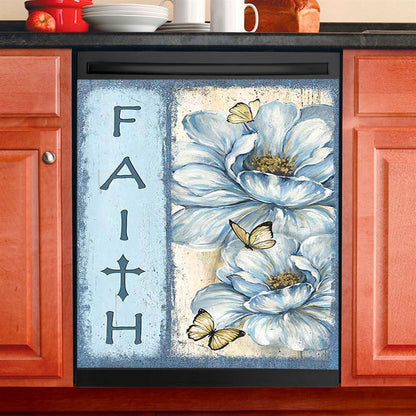 Faith White Flower Pretty Butterfly Dishwasher Cover, Bible Verse Dishwasher Magnet Cover, Christian Inspirational Kitchen Decor