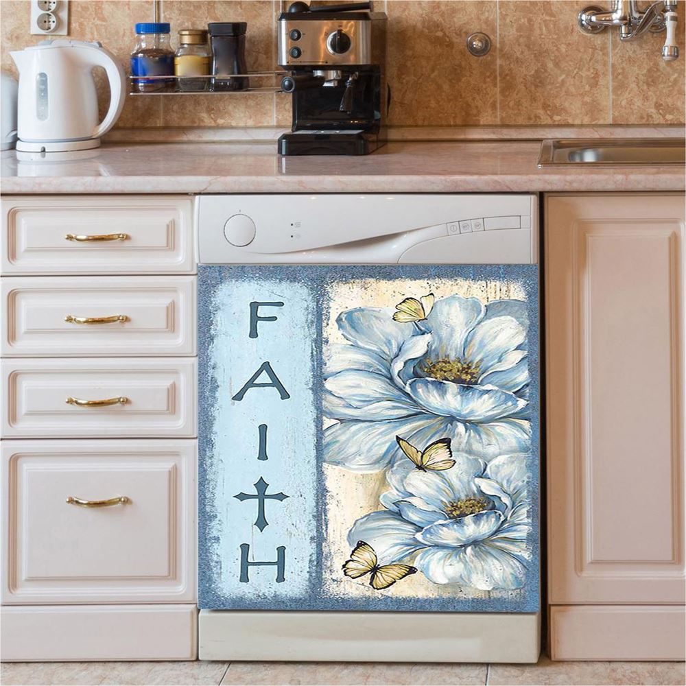 Faith White Flower Pretty Butterfly Dishwasher Cover, Bible Verse Dishwasher Magnet Cover, Christian Inspirational Kitchen Decor