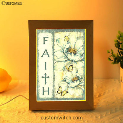 Faith White Flower Pretty Butterfly Frame Lamp Art - Bible Verse Art - Christian Inspirational Decor