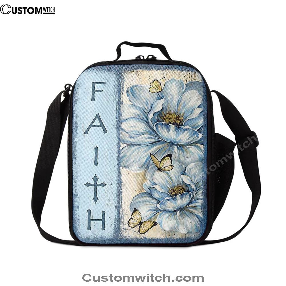 Faith White Flower Pretty Butterfly Lunch Bag, Christian Lunch Bag, Religious Lunch Box For School, Picnic