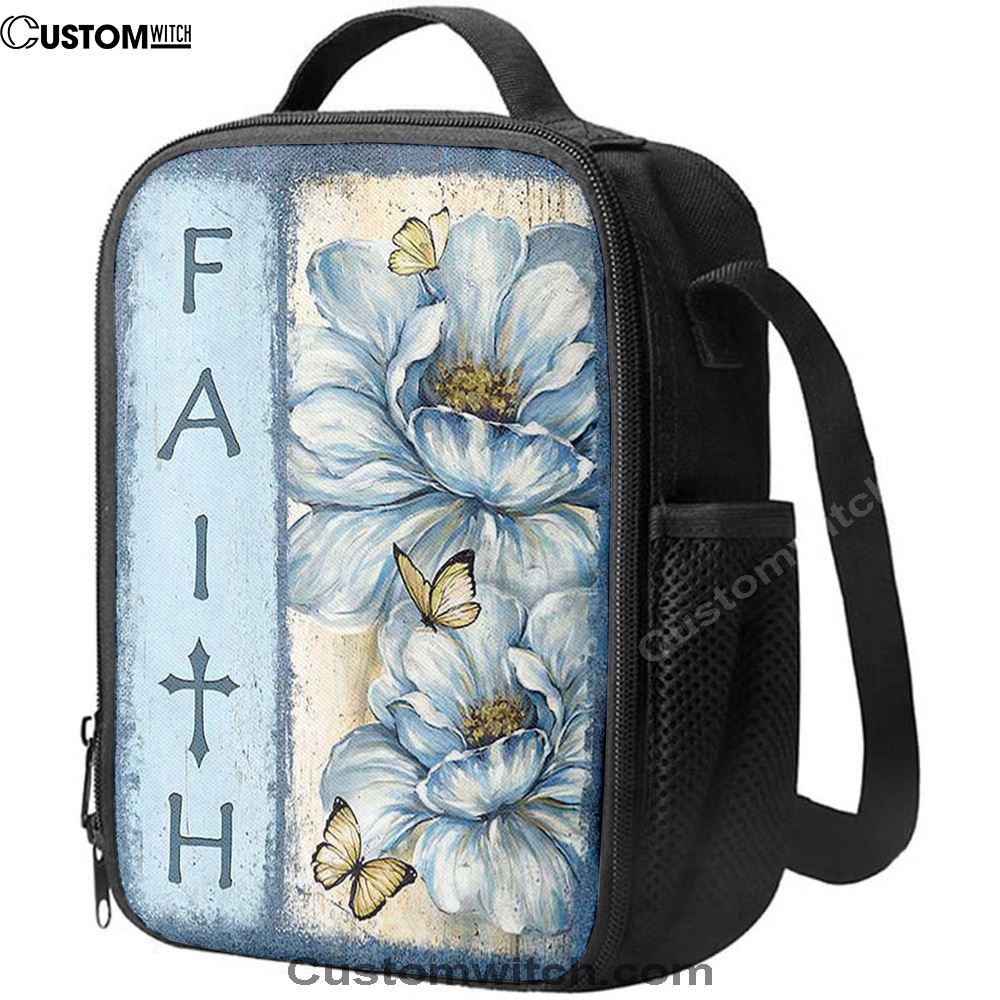 Faith White Flower Pretty Butterfly Lunch Bag, Christian Lunch Bag, Religious Lunch Box For School, Picnic