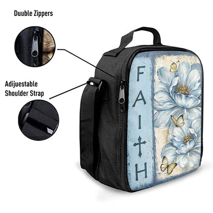 Faith White Flower Pretty Butterfly Lunch Bag, Christian Lunch Bag, Religious Lunch Box For School, Picnic