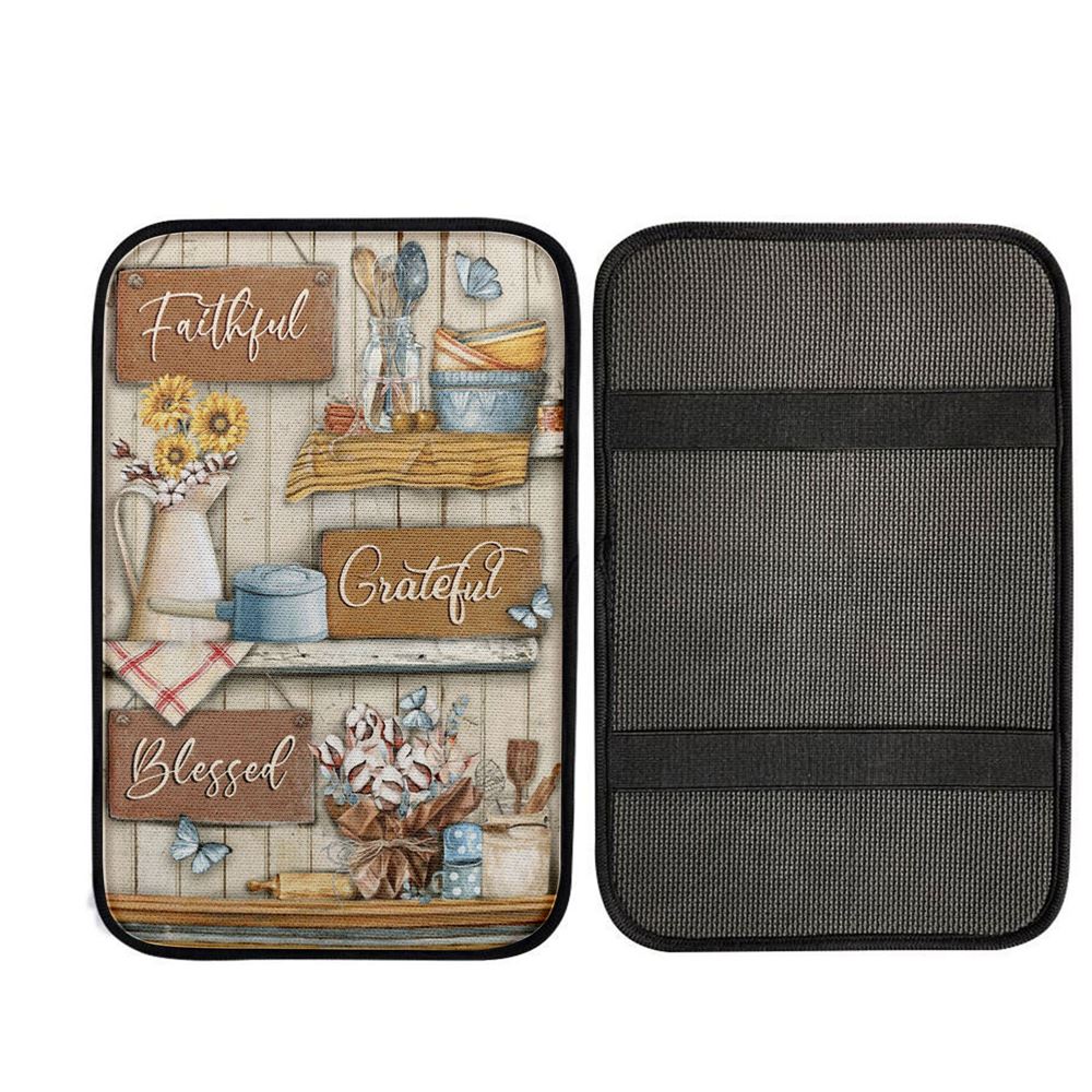 Faithful Grateful Blessed Flower Butterfly Car Center Console Cover, Christian Car Accessories