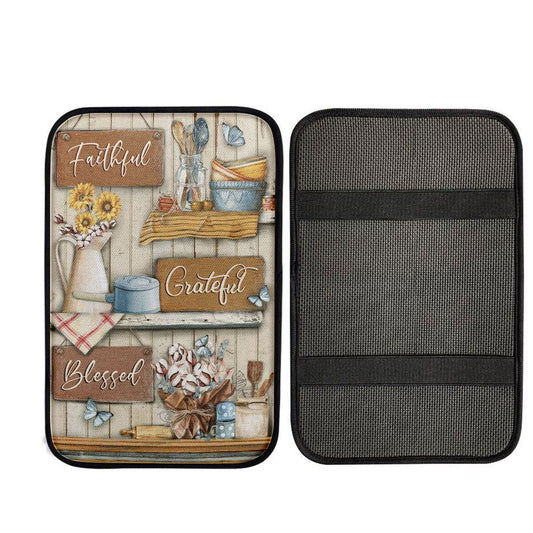 Faithful Grateful Blessed Flower Butterfly Car Center Console Cover, Christian Car Accessories
