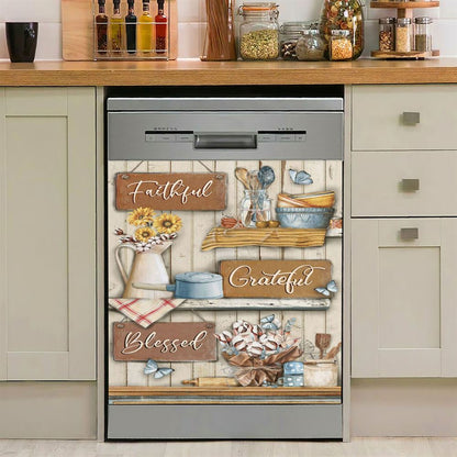 Faithful Grateful Blessed Flower Butterfly Dishwasher Cover, Christian Dishwasher Magnet Cover, Religious Kitchen Decor