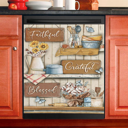 Faithful Grateful Blessed Flower Butterfly Dishwasher Cover, Christian Dishwasher Magnet Cover, Religious Kitchen Decor
