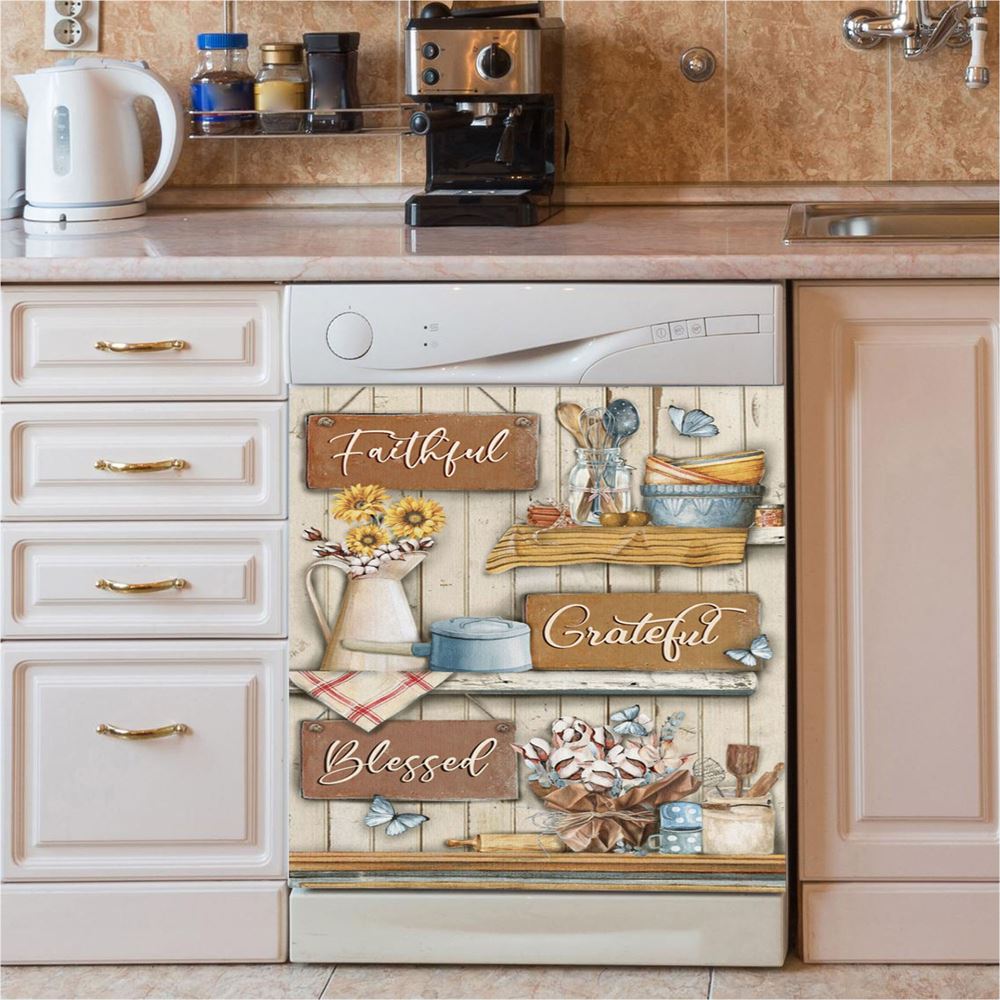 Faithful Grateful Blessed Flower Butterfly Dishwasher Cover, Christian Dishwasher Magnet Cover, Religious Kitchen Decor