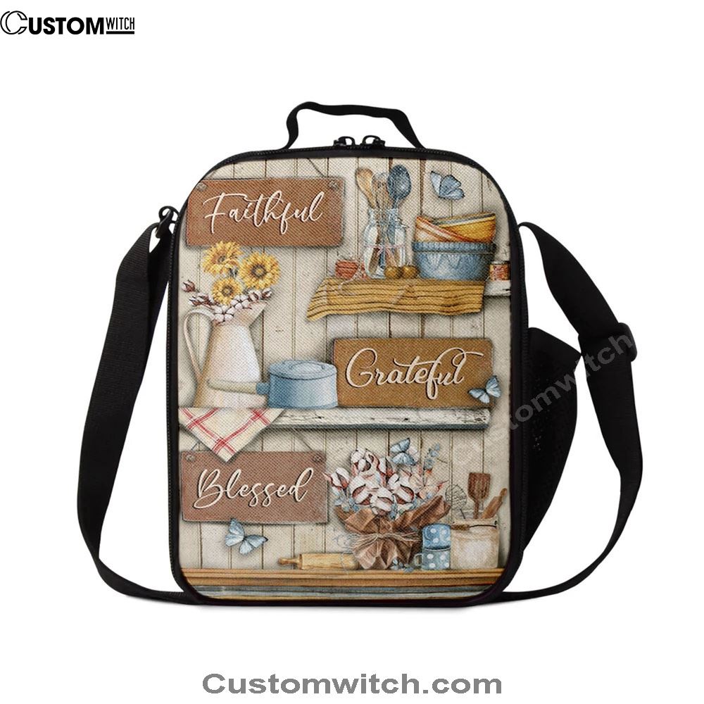 Faithful Grateful Blessed Flower Butterfly Lunch Bag, Christian Lunch Bag, Religious Lunch Box For School, Picnic