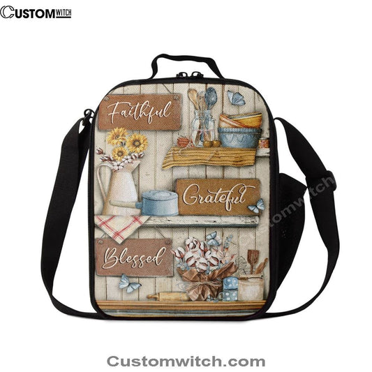 Faithful Grateful Blessed Flower Butterfly Lunch Bag, Christian Lunch Bag, Religious Lunch Box For School, Picnic