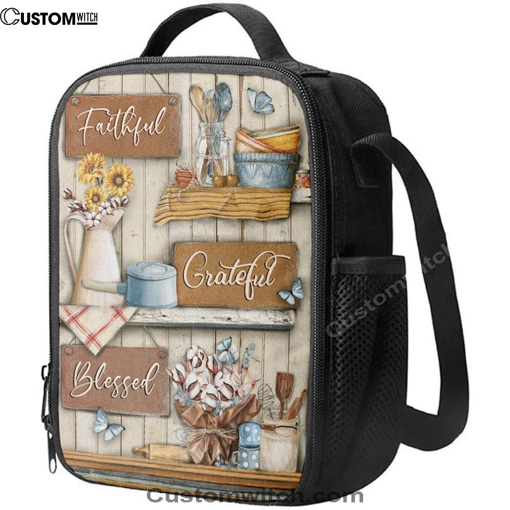 Faithful Grateful Blessed Flower Butterfly Lunch Bag, Christian Lunch Bag, Religious Lunch Box For School, Picnic