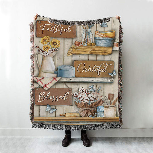 Faithful Grateful Blessed Flower Butterfly Woven Throw Blanket - Christian Throw Blanket Decor - Religious Woven Blanket Prints