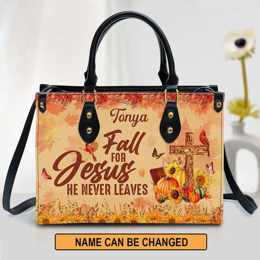 Fall For Jesus He Never Leaves Cardinal & Sunflower Leather Bag, Personalized Leather Bag With Handle For Christian Women