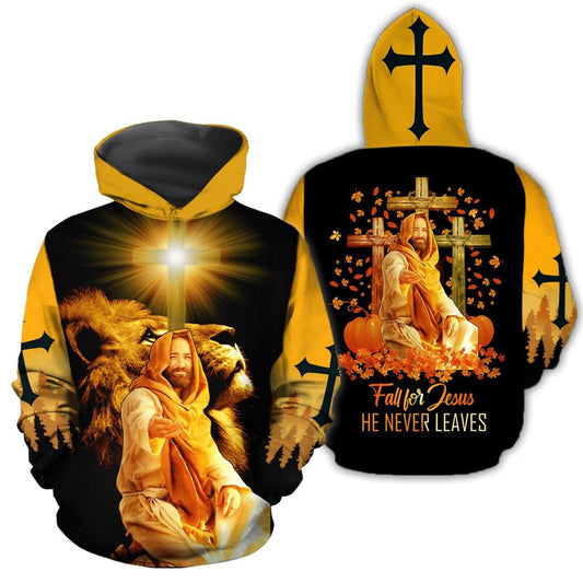 Fall For Jesus He Never Leaves God 3D Hoodie For Man And Women, Jesus Printed 3D Hoodie
