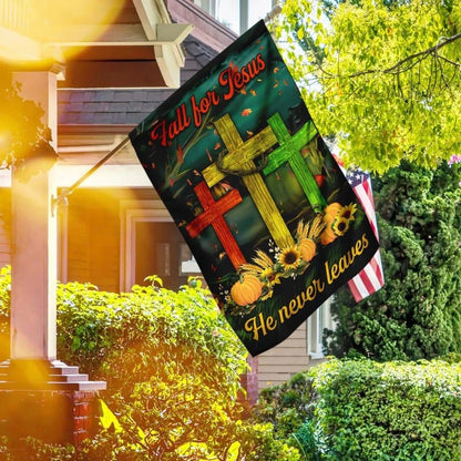 Fall For Jesus He Never Leaves House Flags, Christian Flag, Scripture Flag, Garden Banner