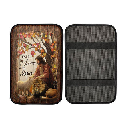 Fall In Love With Jesus Car Armrest Pad - Jesus Lion Of Judah White Lamb Car Armrest Pad, Christian Car Accessories
