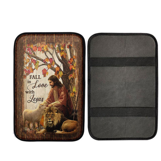Fall In Love With Jesus Car Armrest Pad - Jesus Lion Of Judah White Lamb Car Armrest Pad, Christian Car Accessories