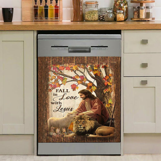 Fall In Love With Jesus Dishwasher Cover, Jesus Lion Of Judah White Lamb Dishwasher Magnet Cover, Christian Kitchen Decor