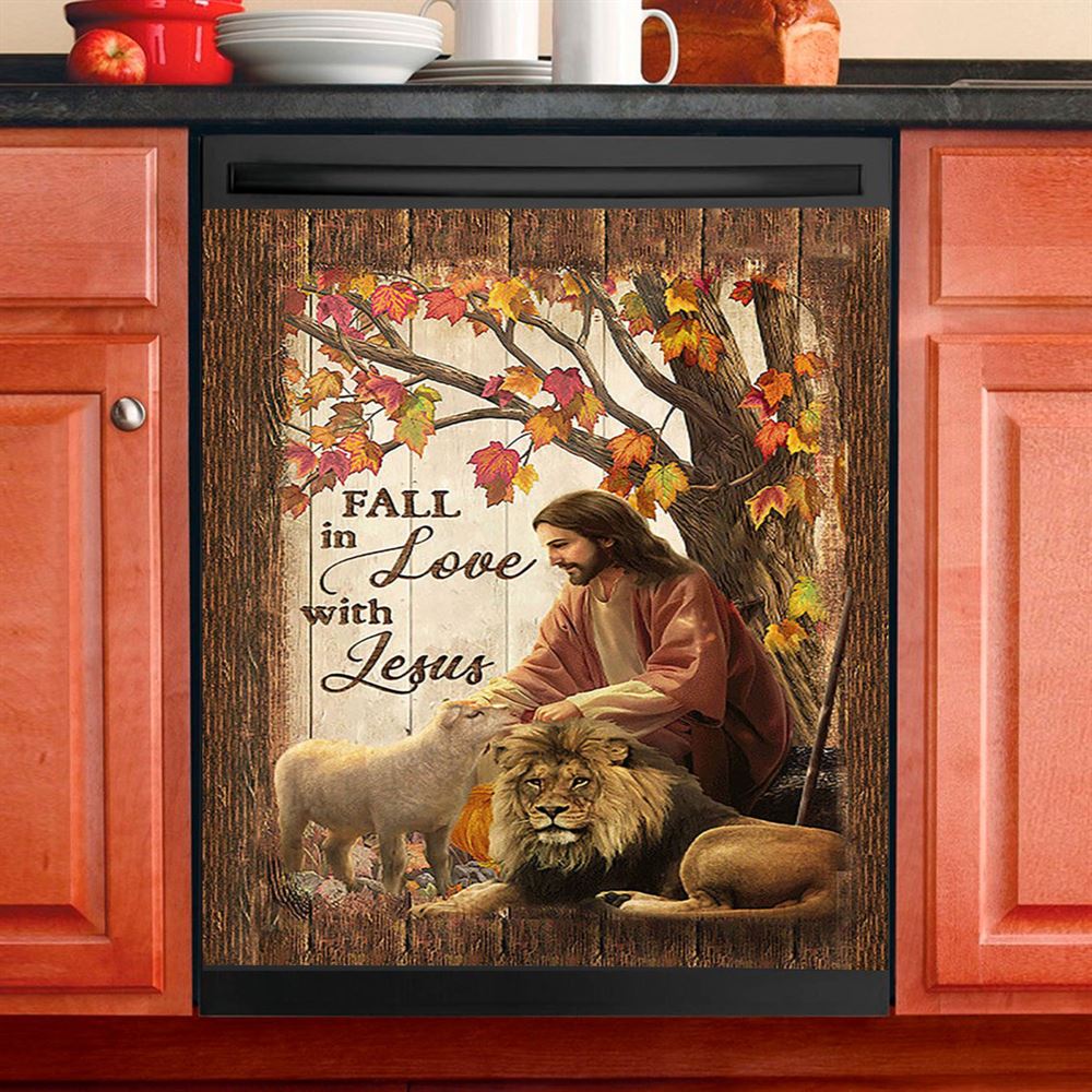 Fall In Love With Jesus Dishwasher Cover, Jesus Lion Of Judah White Lamb Dishwasher Magnet Cover, Christian Kitchen Decor