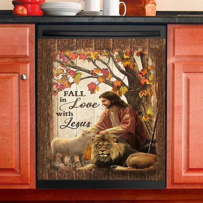 Fall In Love With Jesus Dishwasher Cover, Jesus Lion Of Judah White Lamb Dishwasher Magnet Cover, Christian Kitchen Decor