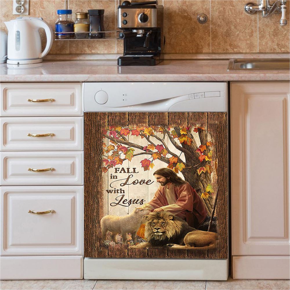 Fall In Love With Jesus Dishwasher Cover, Jesus Lion Of Judah White Lamb Dishwasher Magnet Cover, Christian Kitchen Decor