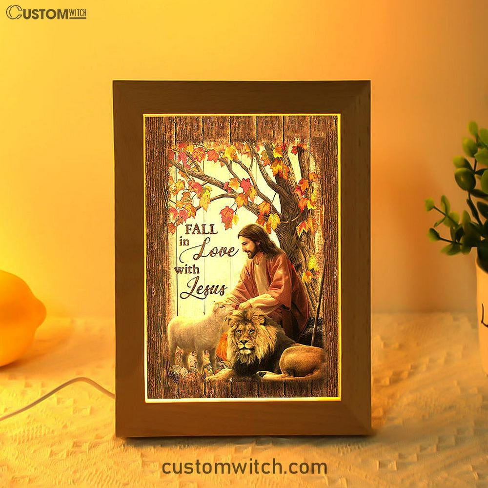 Fall In Love With Jesus Frame Lamp - Jesus Lion Of Judah White Lamb Frame Lamp - Christian Art - Religious Home Decor