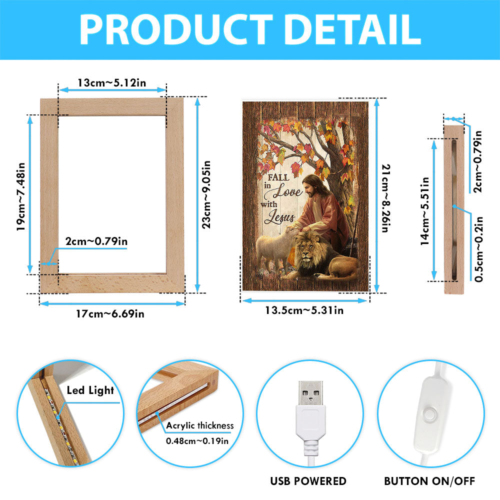 Fall In Love With Jesus Frame Lamp - Jesus Lion Of Judah White Lamb Frame Lamp - Christian Art - Religious Home Decor